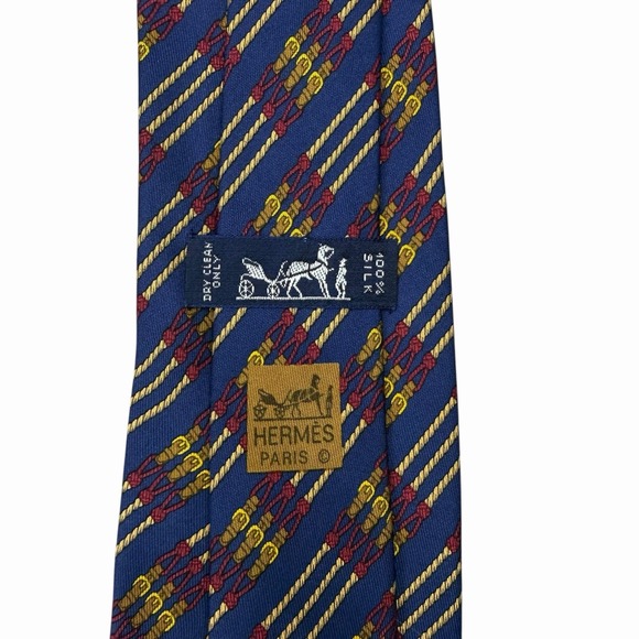 Hermes Men's Tie Equestrian Ropes Belts Blue Silk 695 OA 3 5/8
